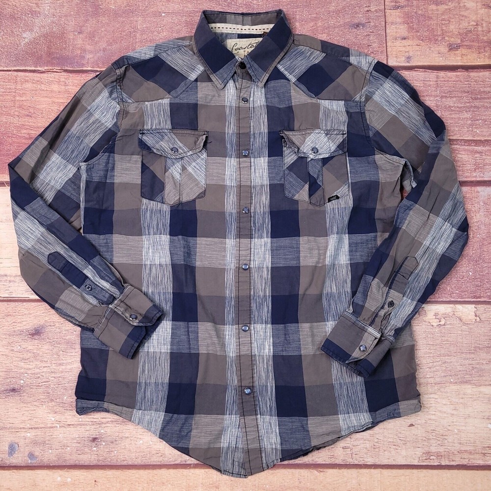 Coastal Pearl Snap Shirt Size Large Blue Checks Western Rockabilly